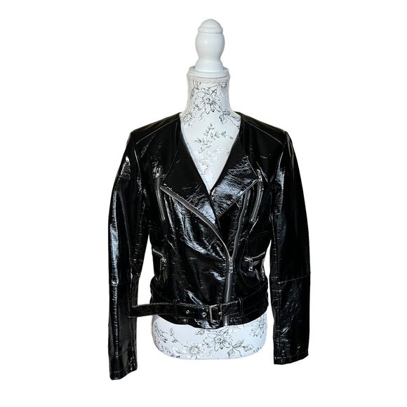 NWOT LA Coalition Black Vegan Patent Leather Motorcycle Jacket LARGE - Picture 2 of 11